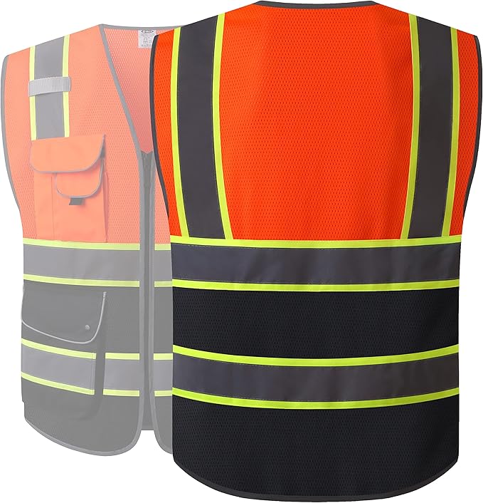 JKSafety 9 Pockets High Visibility Dual Color Zipper Front MESH Lite Safety Vest | Yellow Color Triming Reflective Strip | ANSI/ISEA Standards (100-Orange-Black, M)