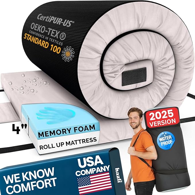 Hazli Matrix Memory Foam Camping Mattress Pad - Roll Up Mattress for Adults - Portable Cot Sleeping Pad for Camping - Floor Mat or Bed Roll for Car, SUV