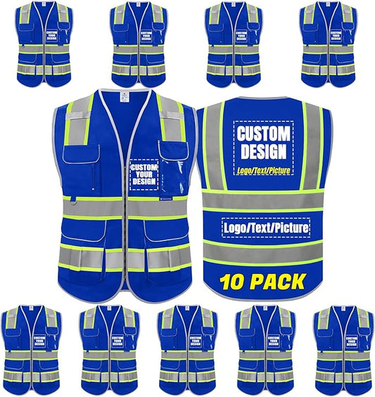 BeautyWill 10 Pack Custom Logo Safety Vest ANSI Class 2 High Visibility Reflective Vest Personalized Construction Vest Bulk