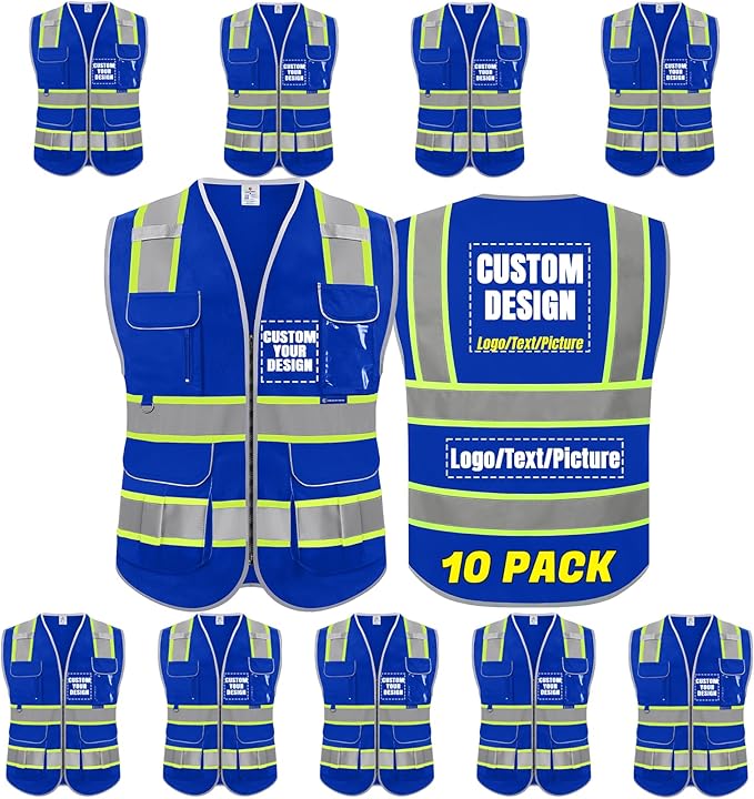BeautyWill 10 Pack Custom Logo Safety Vest ANSI Class 2 High Visibility Reflective Vest Personalized Construction Vest Bulk