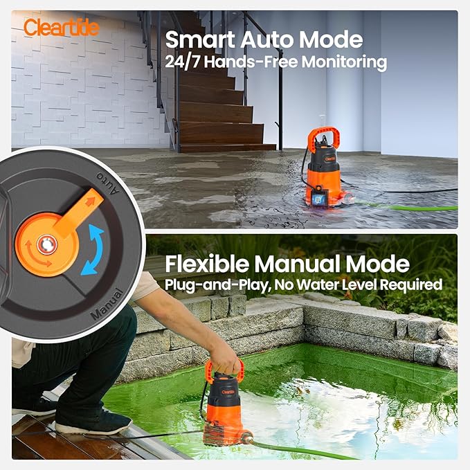 Cleartide Submersible Sump Pump, Smart Water Sensor Auto On/Off, Manual/Auto Mode, 1/4HP 2160GPH Multi-Use Utility Water Pump for Pool/Basement/Garden Drainage