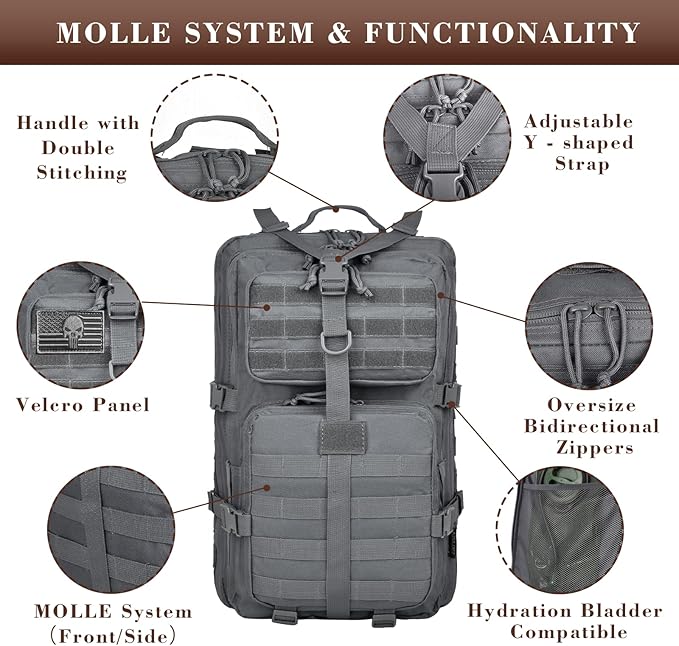 40L Military Tactical Backpack for Men, Tactical Laptop Backpack with Molle Waterproof, Army 3 Days Assault Pack & Bug Out Bag for Hiking (09-Gray)