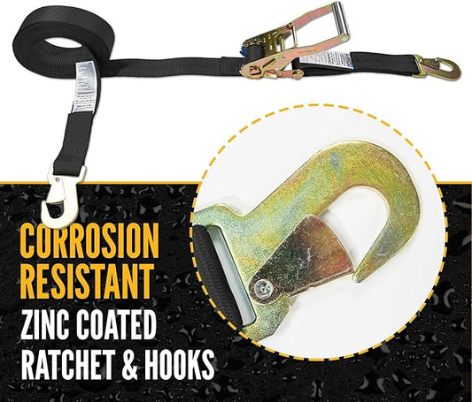 US Cargo Control Automotive Ratchet Strap with Snap Hook, 2 Inch Wide X 12 Foot Long, Black Ratchet Straps with Locking Hook, 4 Pack