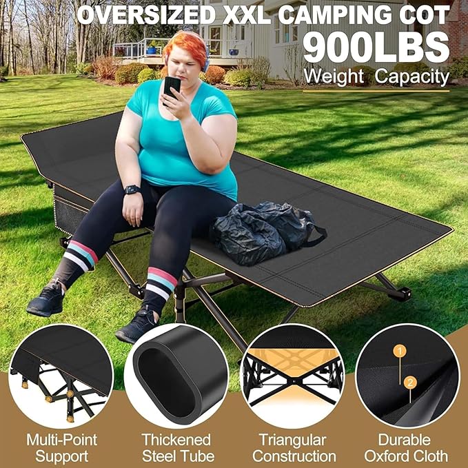 DoCred Oversized XXL Folding Camping Cot with Mattress, Heavy Duty Sleeping Cot Bed Portable Adults Outdoor Bed with Carry Bag, Travel Camp Cots