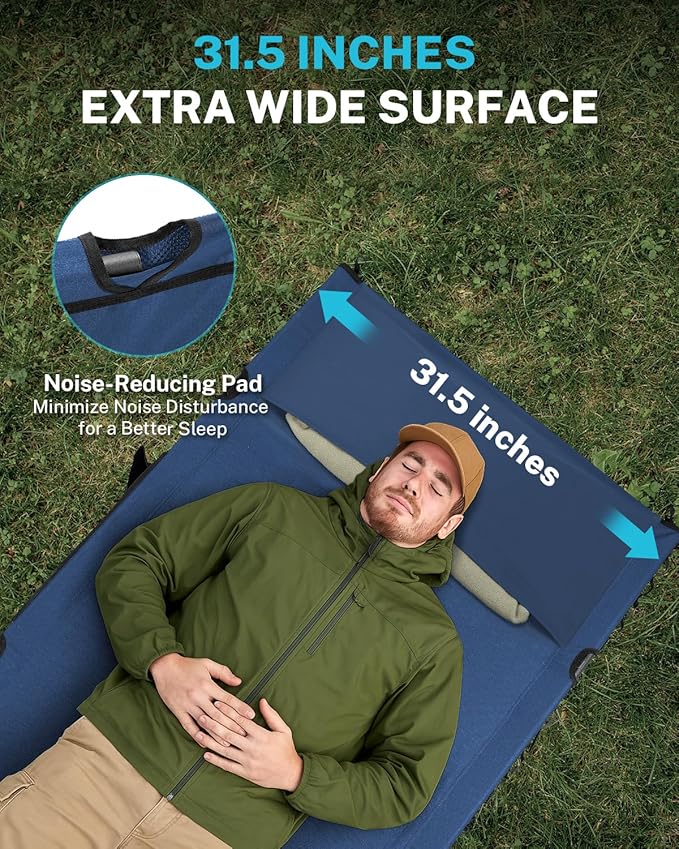 Gonex 31.5" Extra Wide Camping Cot with Premium Pillow Pocket Supports 350lbs, Portable Ultralight Folding Cot Bed for Adults Travel, Beach, Home, Sleeping (Blue)