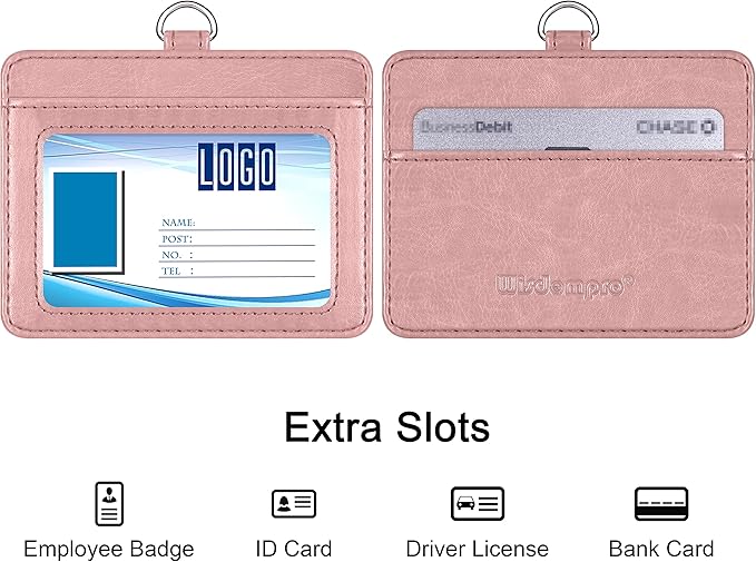 Wisdompro 2-Sided PU Leather ID Badge Holder with 1 ID Window and 1 Card Slot and 1 Piece 22 Inch Polyester Detachable Neck Lanyard Strap (Holds 3 to 4 Cards) - Horizontal (Rose Gold)
