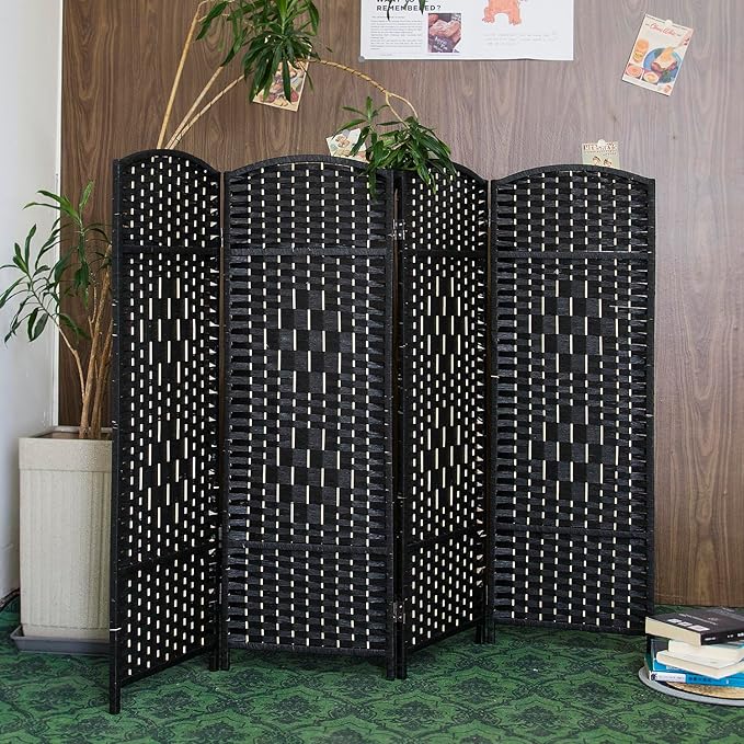 4 Panel Rattan Divider Short Room Partition Screen,Double Sided Folding Divider for Room Separation,Black,47.2" H x 63" W