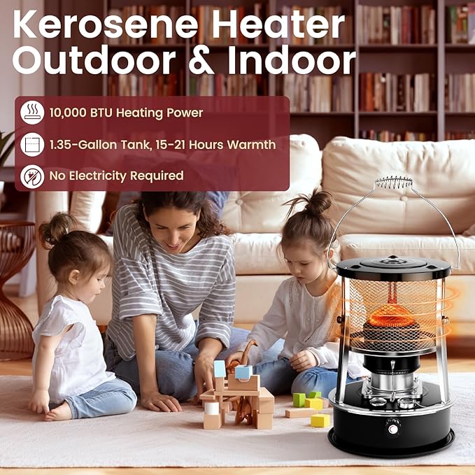 10,000 BTU Kerosene Heater, Kerosene Heaters for Indoor Use, Non Electric Portable 2 in 1 Stove & Heater for Camping, Garage, Home, and Emergency Use