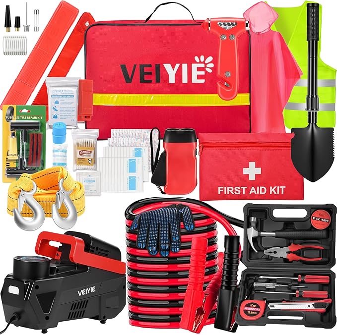 Roadside Emergency car Kits for Vehicles, 12PCS Car Safety Kit with Jumper Cables, Portable Air Compressor, Tow Strap, Tool Kit, Road Trip Essentials for Women, Men, Christmas Gifts