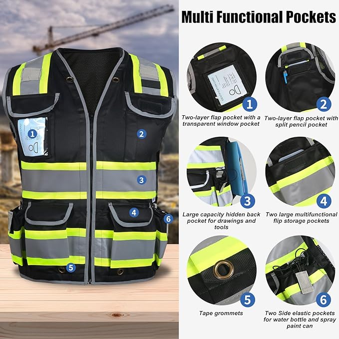 HYCOPROT Reflective Safety Vest Class 2 High Visibility Heavy Duty Construction Vest with Padded Neck,Meet ANSI/ISEA Standard