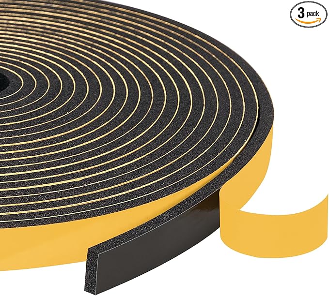 Yotache Foam Seal Tape 3 Rolls 3/8" W X 1/8" T (New Adhesive Craft), High Density Adhesive Foam Weather Stripping Seal for Door and Window, 50 Ft Length (3 X 16.5 Ft Each)