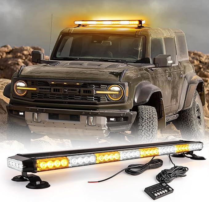 38" Amber Yellow Rooftop Beacon Warning Emergency Flashing Snow Plow Light Bar Double Side Strobe Light Traffic Advisor with Magnetic Base for Tow Work Truck Pickup (Amber/White/Amber)