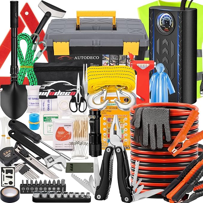 AUTODECO 98 PCS Roadside Car Emergency Assistance Kit with Portable Air Compressor Jumper Cables Safety Hammer All in One Pliers Tool Set（Black）
