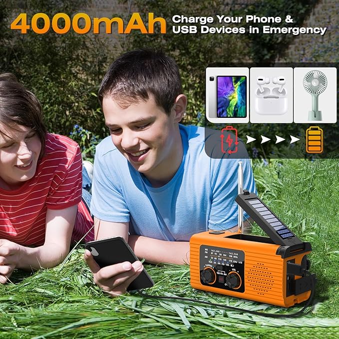 Emergency Weather Radio NOAA/AM/FM with 4000mAh Portable Radio, USB/Solar/Hand Crank Charging, LED Flashlight, Lamp, SOS Alarm, Radios for Outdoor Indoor Hurricane Survival Essentials, 2 Pack