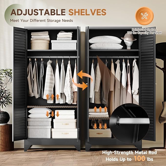 Letaya Metal Wardrobe Cabinets,71" Tall Armoire Wardrobe Closet with Fluted Doors and Shelves,Large Coat Closet Cabinet with Hanging Rod,Clothing Storage Cabinets for Home Room(Black)