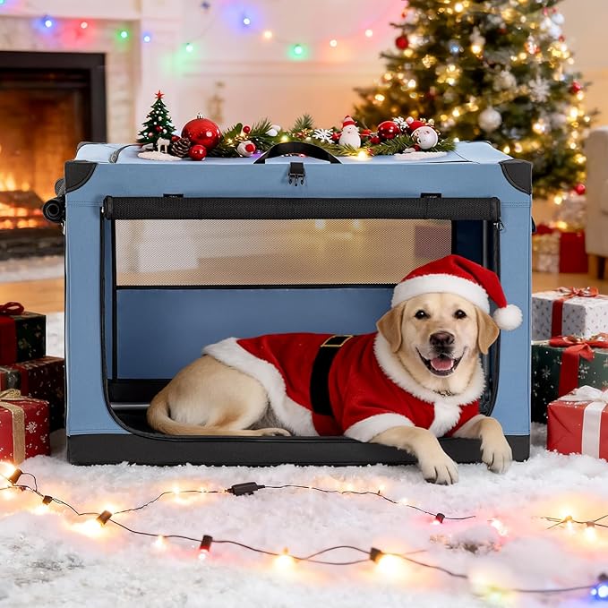 PETSFIT Soft Dog Crate, with Patented Adjustable Fabric Cover, Chewproof & Lockable Mesh Doors, Waterproof Base Collapsible Kennel Blue 40 Inch