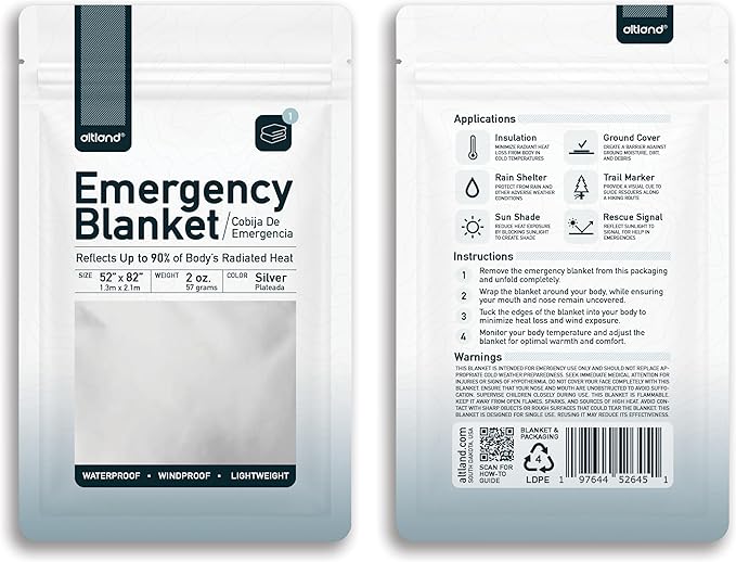 Altland 4 Pack of Emergency Blankets - Heat Reflective Blankets for Winter Survival Kits, Disaster Preparedness, Cold Weather Camping, and Homeless Care Packages