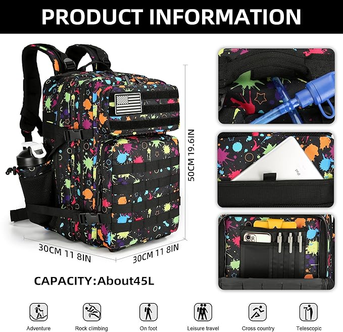 Tactical Assault Backpack - 45L 3 Day Assault Pack with MOLLE, Waterproof Rucksack - Fluorescent Tie Dye