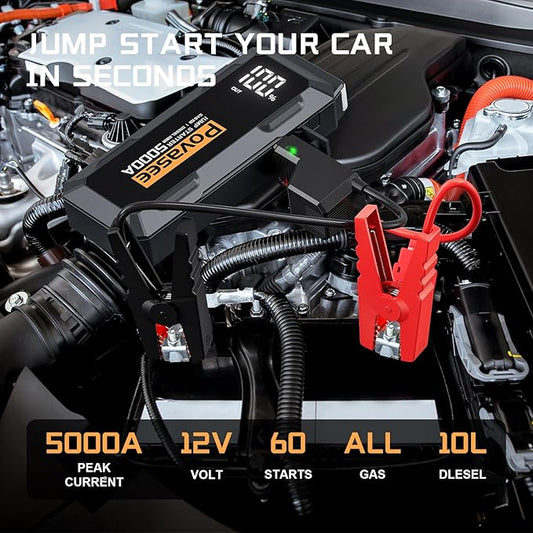 Povasee Car Battery Jump Starter 5000A Jump Box (All Gas/10L Diesel) Portable Car Jump Starter Battery Pack, 12V Jumper Starter Portable 3" LCD Display/Power Bank/Dual Output/LED Light DC