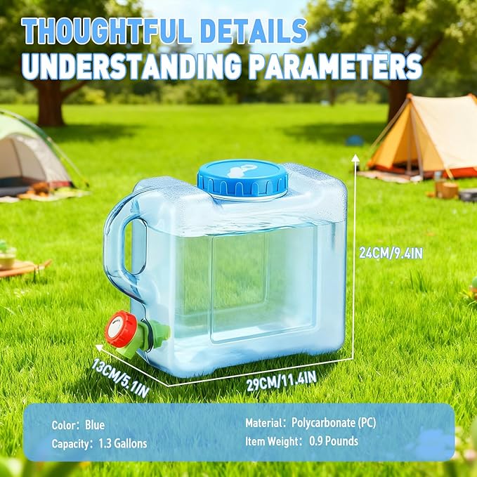 1.3 Gallon Water Jug,Camping Water Container with Spigot,BPA-Free with Cleaning,Brush Transparent Tank Portable,Suitable for Outdoor Camping and Hiking,Blue