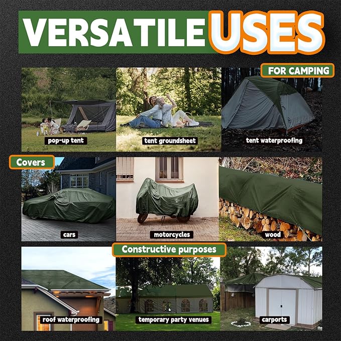 RAINDEWAY Tarps 8x10 Feet（2 Pack）,Tarp Waterproof,9Mil Thick Finished Size, Multipurpose Poly Tarp Cover with Metal Grommets and Reinforced Edges,Green/Black Tarpaulin