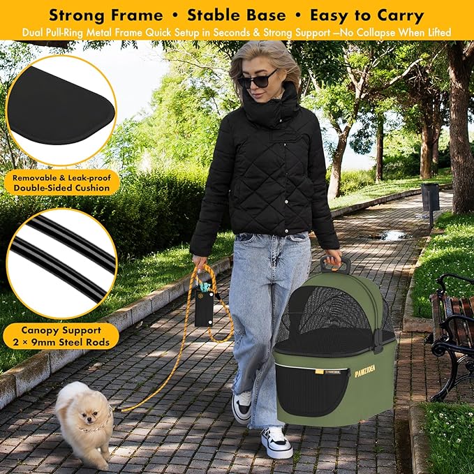 PAWZIDEA Portable Small Dog Crate for Car Travel, Enclosed Pet Car Seat for Small/Medium Dogs Cats up 33lb, Reversible No-Zip Canopy, Soft-Sided Pet Carrier Basket, Collapsible Dog Kennel, Metal Frame