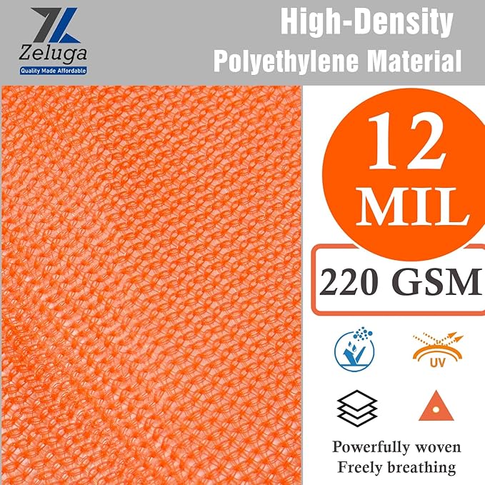 24-552-1012 220GSM Heavy Duty Orange Mesh Tarp - 10' x 12' Reinforced Rip-Resistant Construction Mesh Tarpaulin with Brass Grommets - 12mil Durable Protection for Agriculture, Landscaping