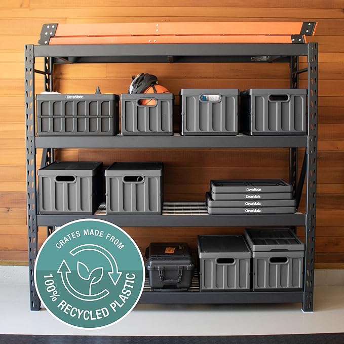 CleverMade Collapsible Storage Bins with Lids - Obsidian 3 Pack 46L- Plastic Containers Stackable Organization Crates Home Closet Space-Saving Durable