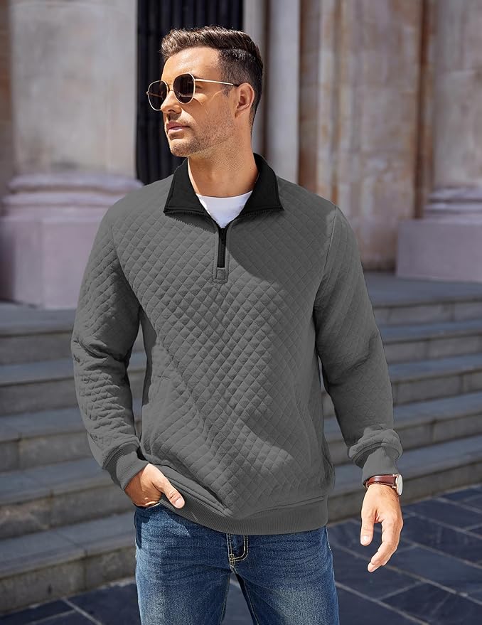 COOFANDY Mens Quarter Zip Pullover Quilted Sweatshirt Knit Long Sleeve Mock Neck Sweater Polo with Pocket