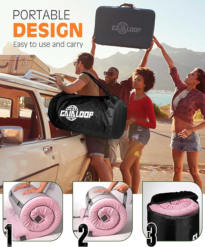 3 Inch Memory Foam Camping Mattress, Dual Layer Thick Sleeping Camp Pad for Car Tent Cot, Roll-Up Portable Glamping Floor Bed for Guests Sleepover
