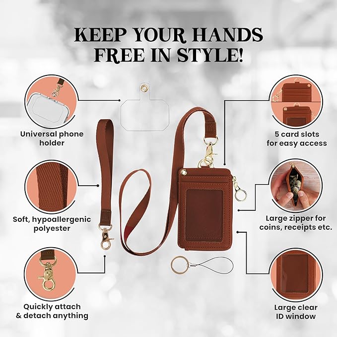 2-in-1 ID Badge Holder & Lanyard Wallet - Multi-Use Womens Small Wallet with Removable Wristlet & Neck Lanyard, Clear Window, 5 Card Slots, Phone Holder, Ring Keychain - Brown