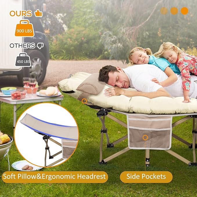 Wide Folding Camping Cots with Pillow & Extra Thick 3 Inch Matress, Cots for Sleeping 900 LBS, Camping Bed for Adults with Cushion, Sleeping Cot (Cream)