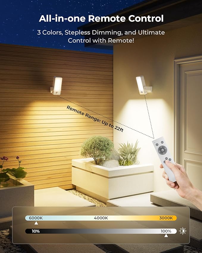 2 Pack Motion Sensor Outdoor Lights, 10000mAh Rechargeable 600 Lumen Battery Operated Outdoor Lights with 3 Modes, 3 Colors, IP65 Waterproof Outdoor Security Lights for Fences, Garage, Patio