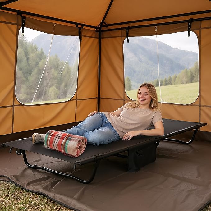 GYMAX Ultralight Camping Cot for Adults, Portable Folding Camping Bed w/Side Pocket, Carry Bag, Compact Sleeping Cot for Outdoor Backpacking Travel Hiking Mountaineering Home Beach, Supports 330 LBS