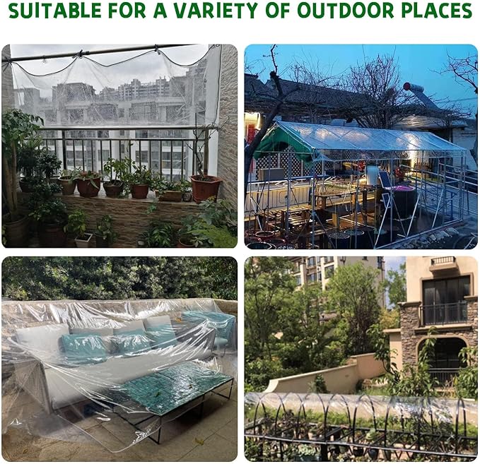 Clear Tarps Heavy Duty Waterproof, Transparent PVC Vinyl Tarpaulin with Grommets, Ropes, Reinforced Edge, Tear-Resistant, Anti-UV for Greenhouse, Patio, Garden, Porch, Pavilion, Outdoor