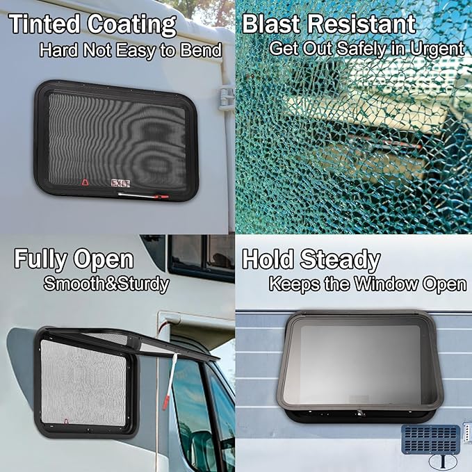 30"x22" RV Emergency Exit Window - DOT-Certified Tempered Glass, Security Lock, Waterproof Aluminum Frame w/Mesh Screen (Fits 1"-1.77" Walls, Complete Kit)