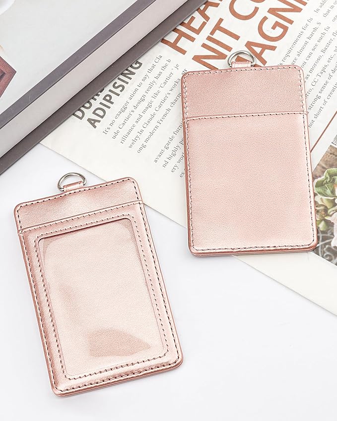 Teskyer Lanyards for ID Badges, Leather ID Badge Holder for Work School IDs, Cruise Ship Cards, Hotel Key Cards, Pass Cards - Rose Gold