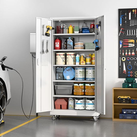 Reemoon71 H×32" W×16" D Metal Storage Cabinet with 5 Adjustable Shelves and Pegboard,Metal Garage Storage Cabinet with Wheels for Garage Home Office Utility Room,Required Assembly,White