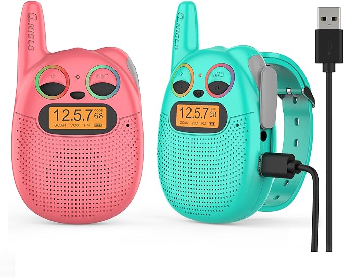Qniglo Walkie Talkies for Kids, Rechargeable walkie Talkie Watch for Kids，3-Mile Range, 7-Day Standby, VOX， Backlit LED Screen， Great Gift for Girls and Boys Ages 3-12 (2-Pack)