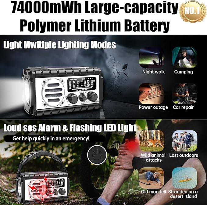 Emergency Radio, 20000mAh/74000mWh Weather Radio, Solar Hand Crank Radio with AM/FM/NOAA/SW Weather,Flashlight & Reading Lamp, SOS Alarm, Phone Charger for Indoor Outdoor Emergency