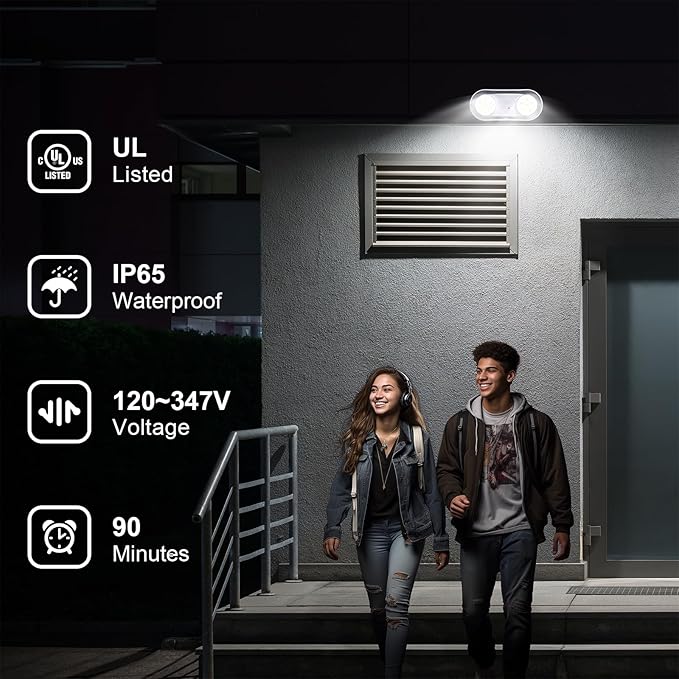 Outdoor Emergency Light with Battery Backup, Exterior Emergency Exit Lights Hardwired, Wet Location LED Egress Lights, Waterproof Commercial Emergency Lighting Fixture, 120-347V, UL Listed(4 Pack)