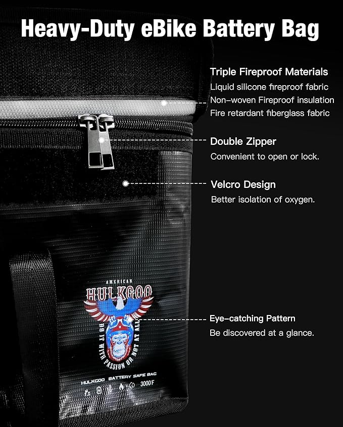 Fireproof Explosion-Proof Waterproof Ebike Battery Storage Bag - Safe Case for Lithium/Lipo Batteries (19.3 x 4.3 x 7 Inch)
