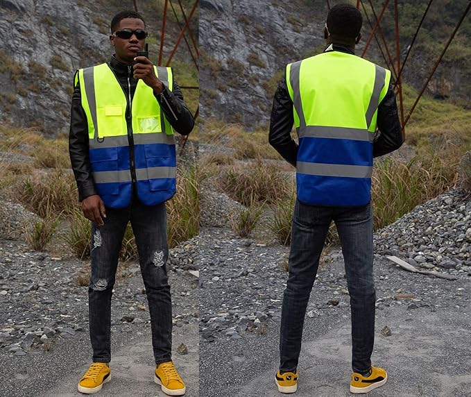zojo High Visibility Safety Vests With Pockets,Pack of 10,Wholesale Reflective Vest for Outdoor Works, Cycling, Jogging, Walking,Sports - Fits for Men and Women(XL-Mix Yellow & Blue)