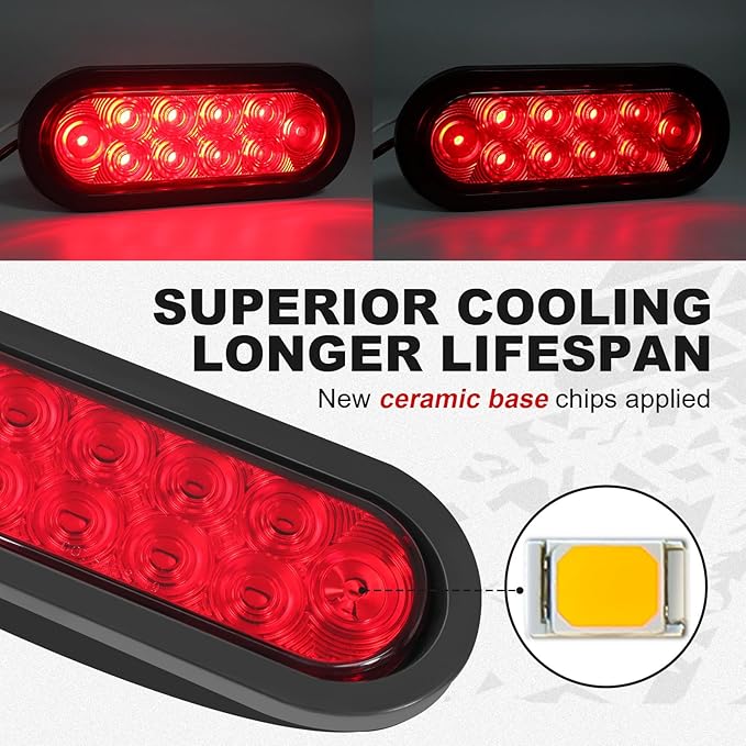 6 Inch Oval LED Trailer Lights, Red Trailer Light Kit with Rubber Grommet, 12V Waterproof Tail Light for Utility Truck Flatbed Tractor RV Boat Running Brake Stop Turn Signal, DOT Compliant