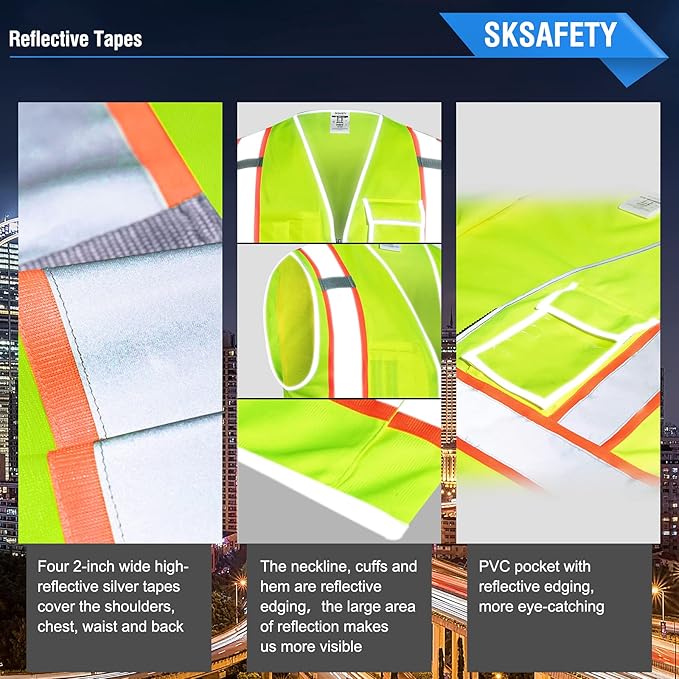 SKSAFETY 10 Pockets Safety Vest, Class 2 High Visibility Security with Zipper, Hi Vis Vest with Reflective Strips, ANSI/ISEA Standard, Construction Work Vest for Men ＆ Women （Lime, XL）