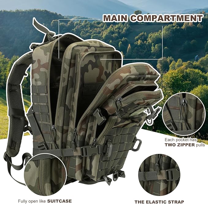 MOLLE Assault Backpack, Tactical Backpack Military Army Camping Rucksack, 3-Day Pack Trip w/USA Flag Patch, D-Rings, Polish Camo