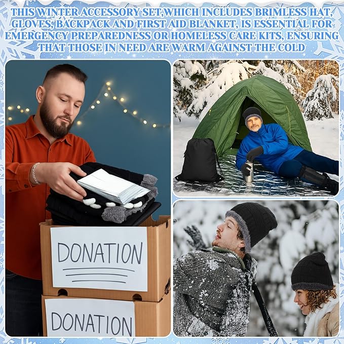 Geyoga 120 Pcs Charity Donation Homeless Care Supplies Bulk Winter Beanie Emergency Blanket Touchscreen Glove Drawstring Bags