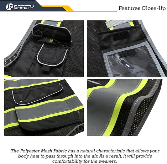 JKSafety 9 Pockets Hi-Vis Black Safety Vest for Men Women High Visibility Reflective Construction Mesh Fabric Cushioned Collar Work Utility PPE Work Gear ANSI/ISEA compliant (100-Black, 3XL)
