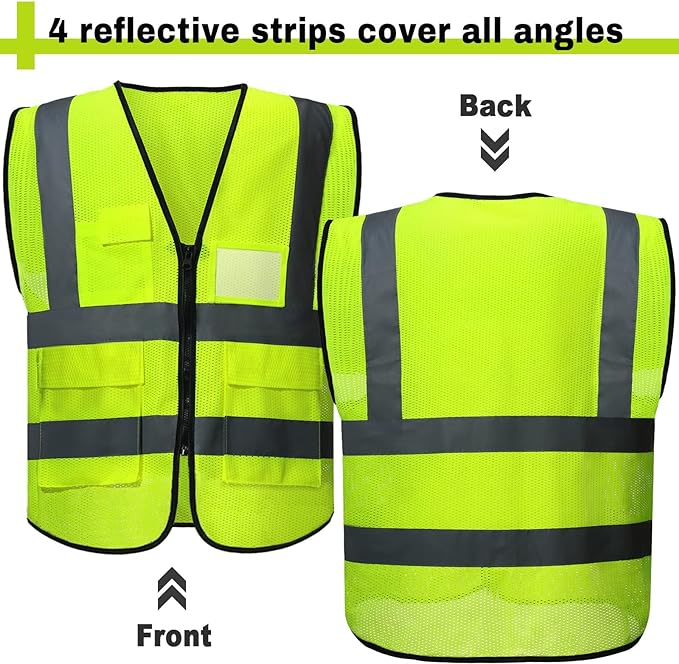 JaGely 6 Pack Reflective Safety Vests with Pockets, High Visibility Mesh Construction Vest for Men Women, Neon Yellow, Size L