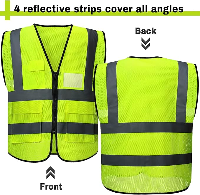 JaGely 50 Pack Reflective Safety Vests with Pockets, High Visibility Mesh Construction Vest for Men Women, Neon Yellow, Size L